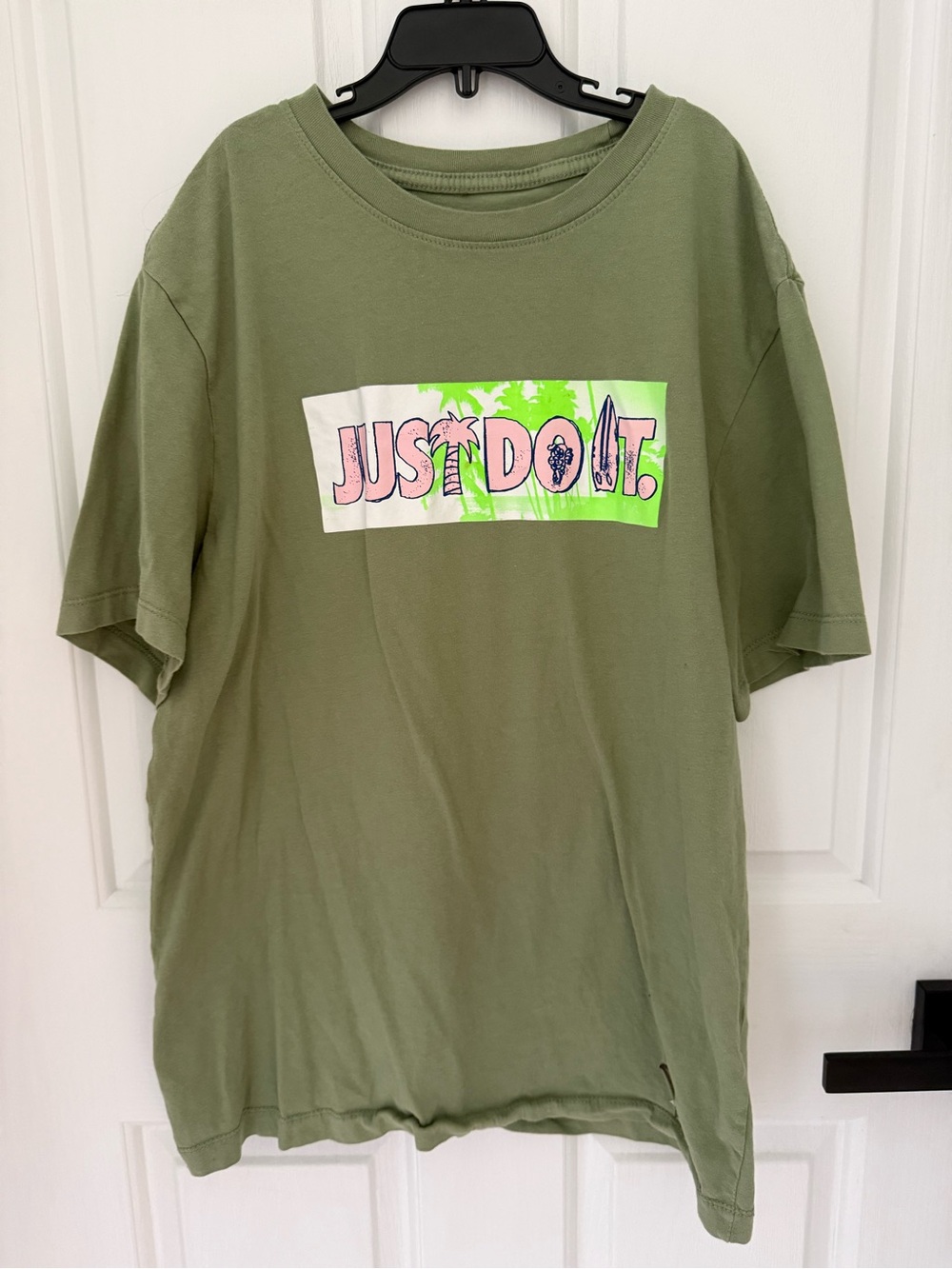 Nike Olive Green Short Sleeve Tee with Pink & Neon Green 'Just Do It' Graphic